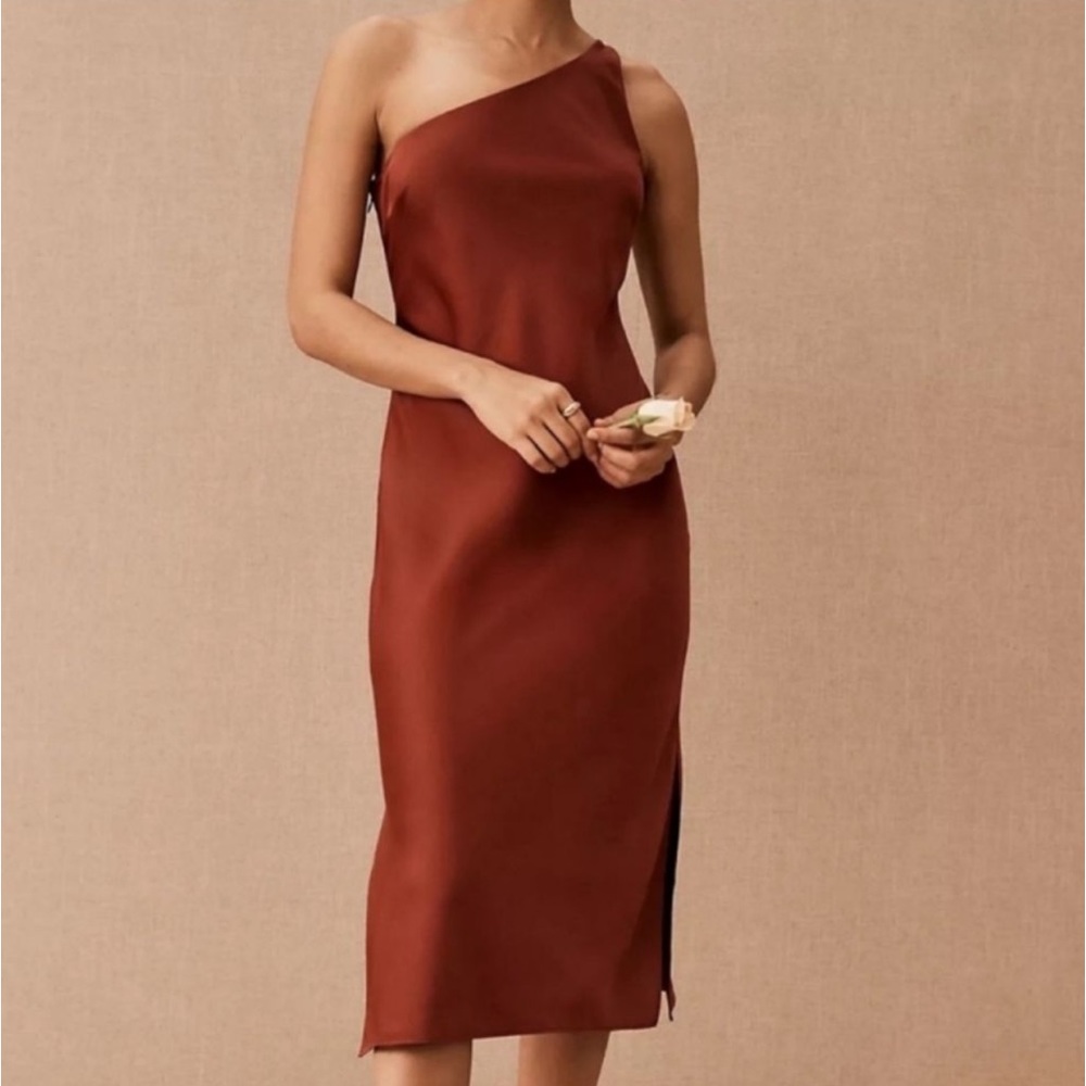 BHLDN Audrie Satin Charmeuse One Shoulder Midi Dress with Slit Cinnamon Sz 8